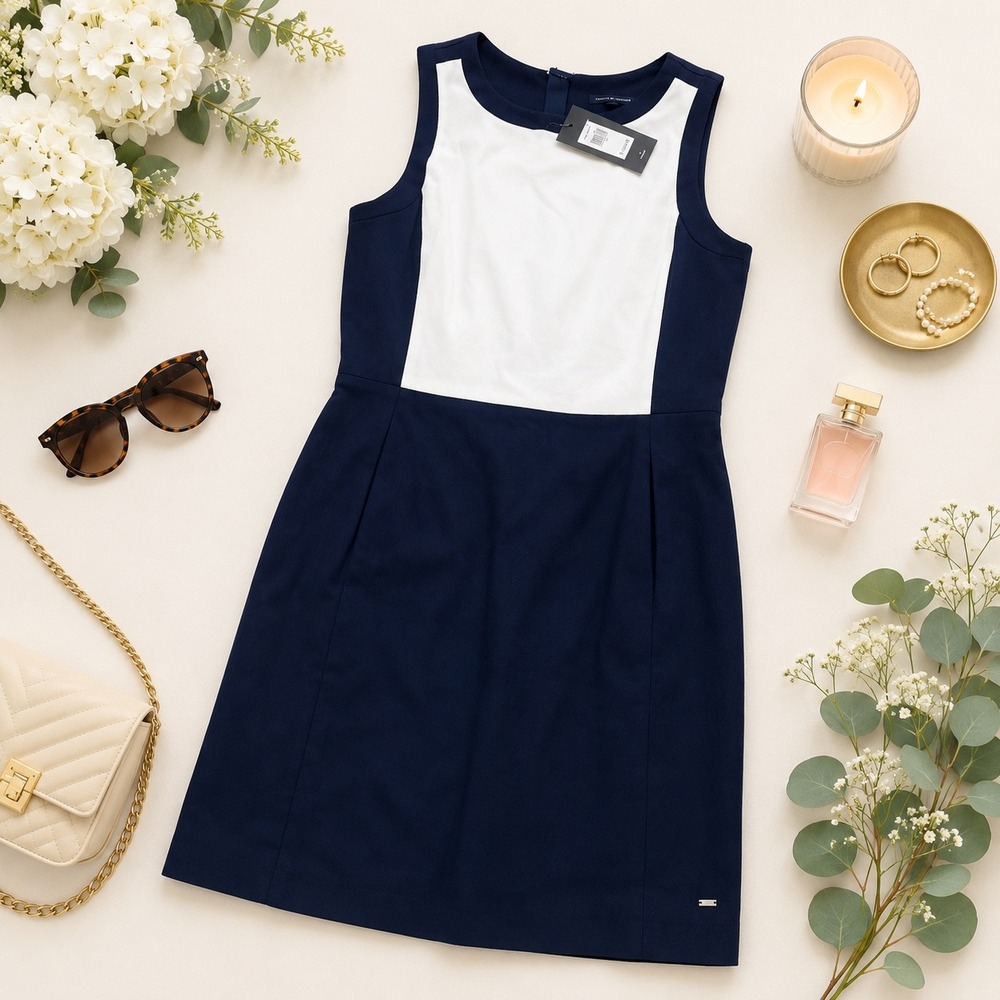 Tommy Hilfiger Womens Navy White Colorblock Sleeveless Sheath Dress Size 4 NWT